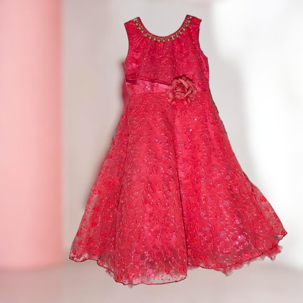 Vintage Style Red Embroidered Girls Formal Party Dress - Size 18